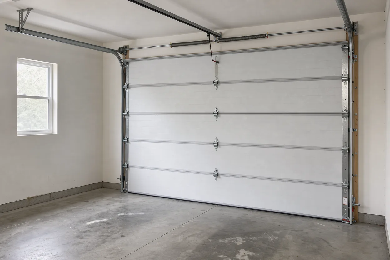 Interior of a newly installed white sectional garage door