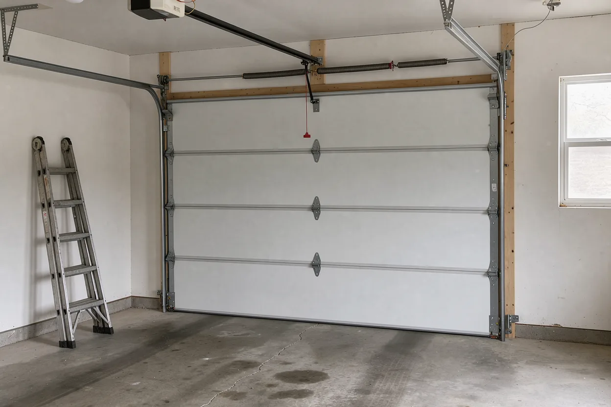 Interior of a sectional garage door showing the spring and opener rail