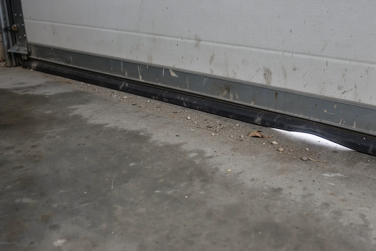 The bottom seal of a garage door against a concrete floor